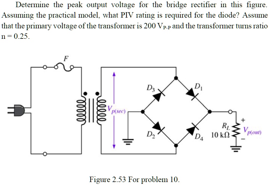 determine the peak output voltage for the bridge rectifier in this ...