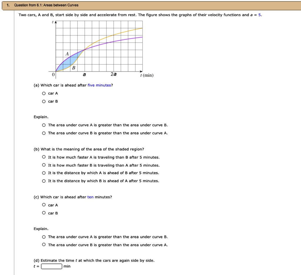 SOLVED: Question 1: Areas Between Curves Two Cars, A And B, Start Side ...