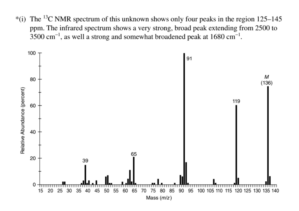 Solved The C Nmr Spectrum Of This Unknown Shows Only Four Peaks In The Region 125 145 Ppm The Infrared Spectrum Shows A Very Strong Broad Peak Extending From 2500 T0 3500 Cm As