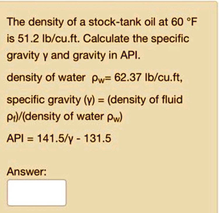 SOLVED The density of a stocktank oil at 60Â°F is 51.2 lb/cu ft