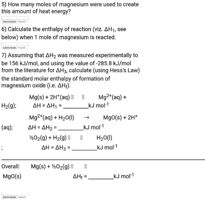 SOLVED 5) How many moles of magnesium were used to create this amount