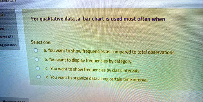 For qualitative data, a bar chart is used most often when
Select one:
a. You want to show frequencies as compared to total observations.
b. You want to display frequencies by category.
c. You want to show frequencies by class intervals.
d. You want to organize data along certain time interval.