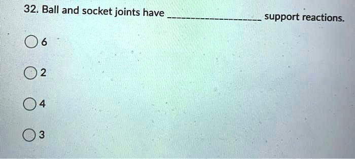 32. Ball and socket joints have  support reactions.

? 6
? 2
? 4
? 3