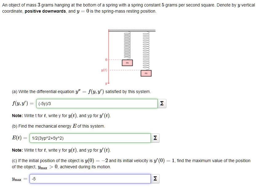 An object of mass 3 grams is hanging at the bottom of a spring with a ...