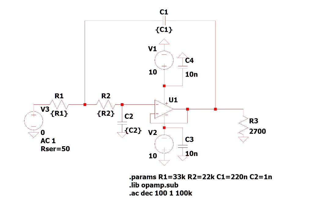 C1 C1 V1 C4 10 10n R1 R2 U1 V3 R1 R2 C2 0 C2 V2 AC 1 C3 Rser=50 10 10n ...