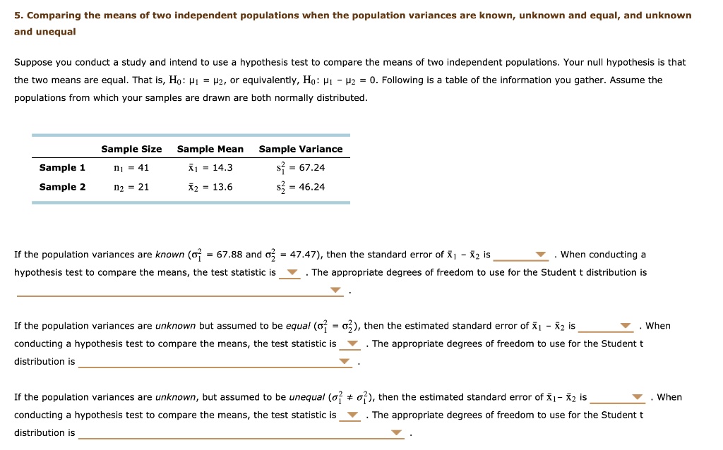 5 comparing the means of two independent populations when the population variances are known unknown and equal and unknown and unequal suppose vou conduct study and intend to use hypothesis 61276