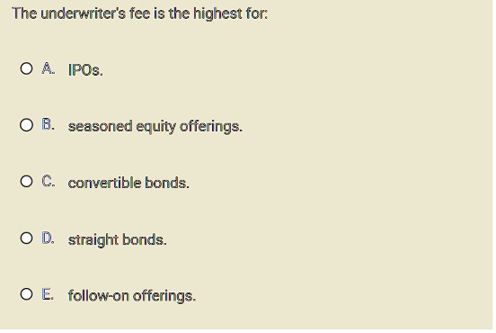 the underwriters fee is the highest for a ipos b seasoned equity offerings c convertible bonds d straight bonds e follow on offerings 37928