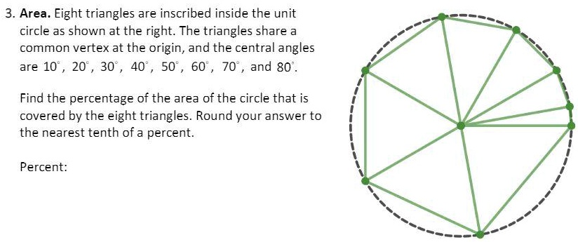 Solved 3 Area Eight Triangles Are Inscribed Inside The Unit Circle A5 Shown At The Right The Triangles Share A Common Vertex At The Origin And The Central Angles Are 10 30