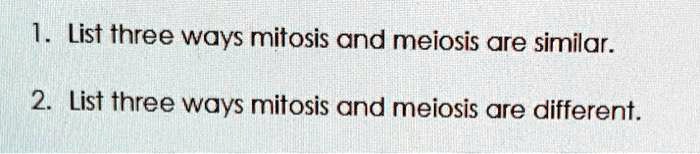 1. List three ways mitosis and meiosis are similar.
2. List three ways mitosis and meiosis are different.