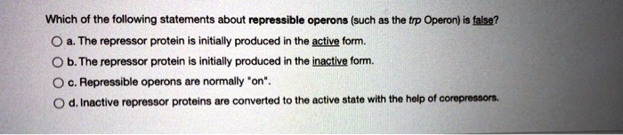 Solved:which Of The Following Statements About Repressible Operons (Such As  The Trp Operon) False? The Repressor Protein Is Initially Produced In The  Active Form. B.the Repressor Protein Is Initially Produced In The Solved:which Of The Following Statements About Repressible Operons (Such As  The Trp Operon) False? The Repressor Protein Is Initially Produced In The  Active Form. B.the Repressor Protein Is Initially Produced In The