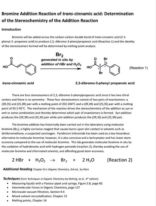 SOLVED: Bromine Addition Reaction Of Trans-cinnamic Acid: Determination ...