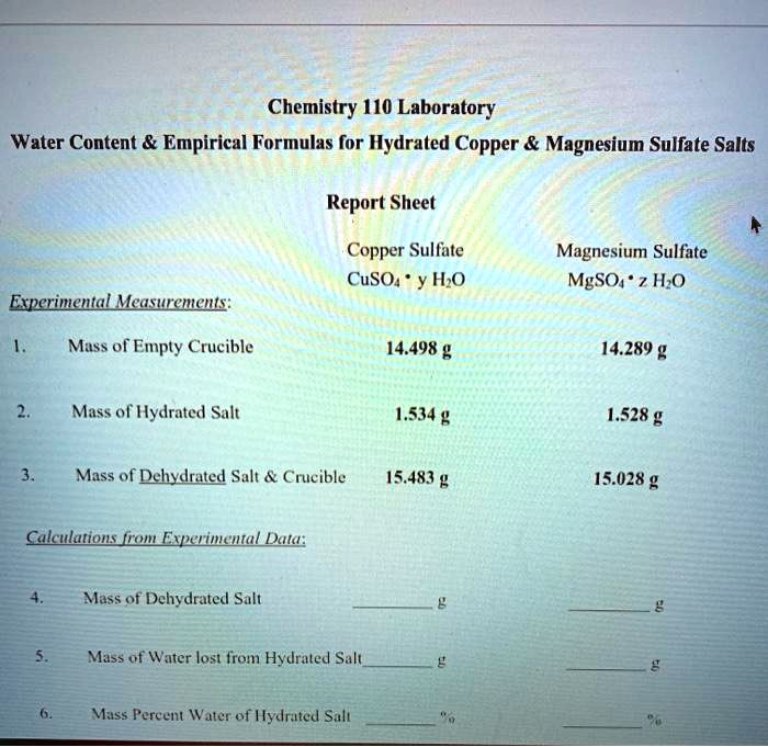 Chemistry 110 Laboratory Water Content Empirical Formulas for Hydrated