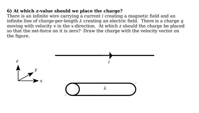 6 at which z value should we place the charge there is an infinite wire carrying a current creating a magnetic field and an infinite line of charge per length a crea ting an electric field t 84609