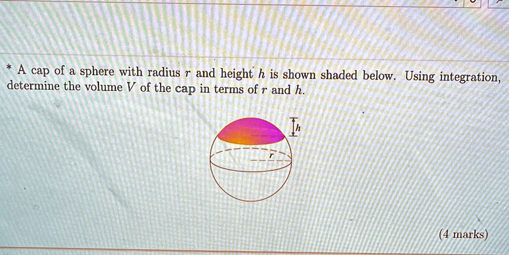 'A cap of sphere with radius R and height h is shown shaded below ...