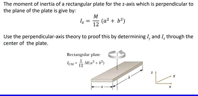 the moment of inertia of a rectangular plate for the z axis which is ...