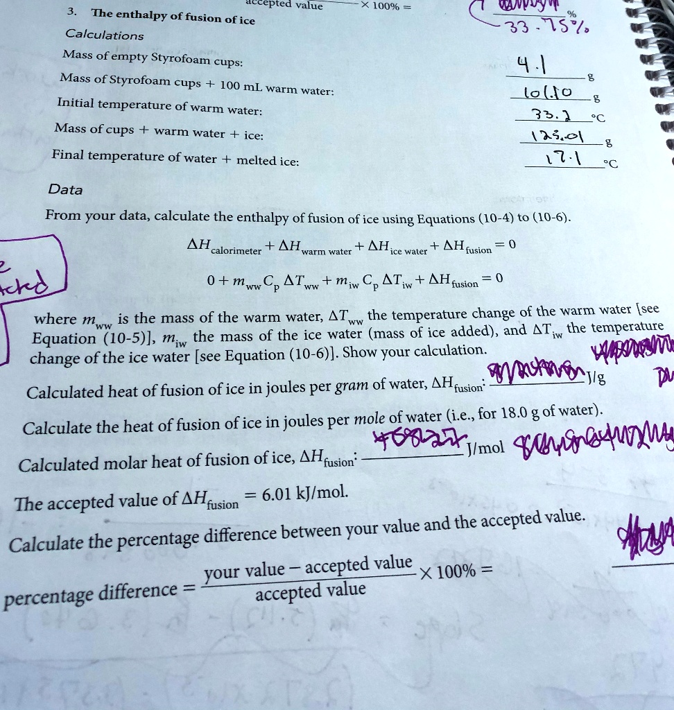 SOLVED aecepted value The enthalpy of fusion of ice Calculations Mass