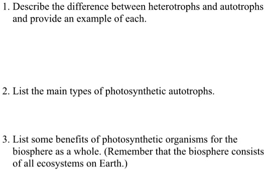 1. Describe the difference between heterotrophs and autotrophs and provide an example of each.

2. List the main types of photosynthetic autotrophs.

3. List some benefits of photosynthetic organisms for the biosphere as a whole. (Remember that the biosphere consists of all ecosystems on Earth.)