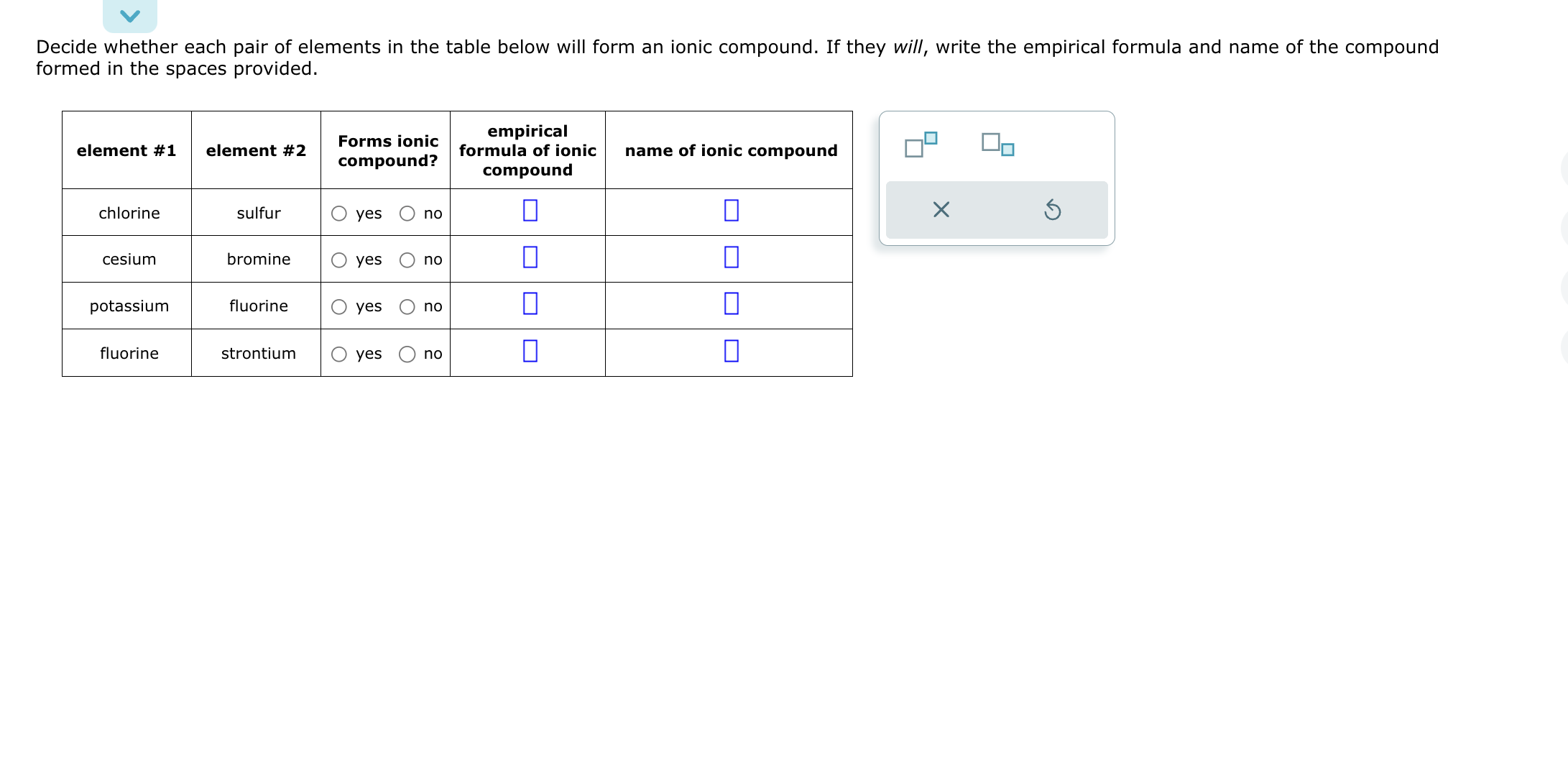 SOLVED Decide whether each pair of elements in the table below will
