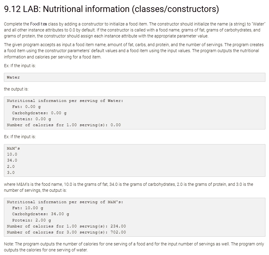 SOLVED: In Python, 9.12 LAB: Nutritional information (classes ...