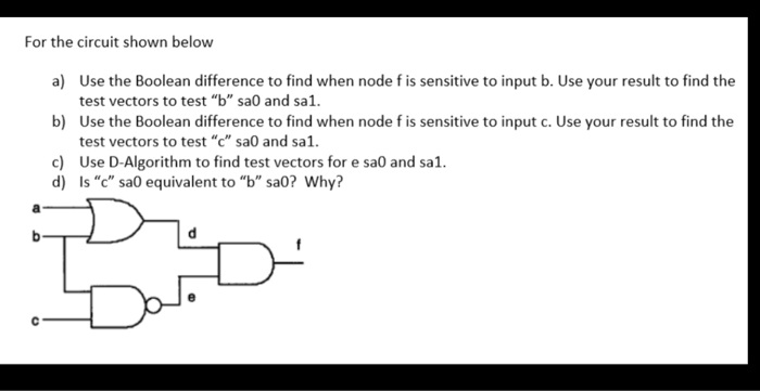 SOLVED: For the circuit shown below: a) Use the Boolean difference to ...