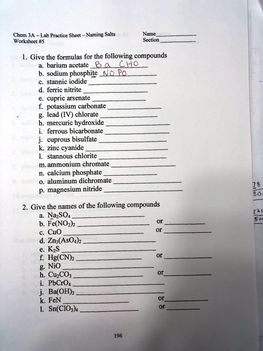 Solved Chem 3a Lab Practice Shzet Naming Salts Worksheet 5 Nac Scction Give The Formulas 0637