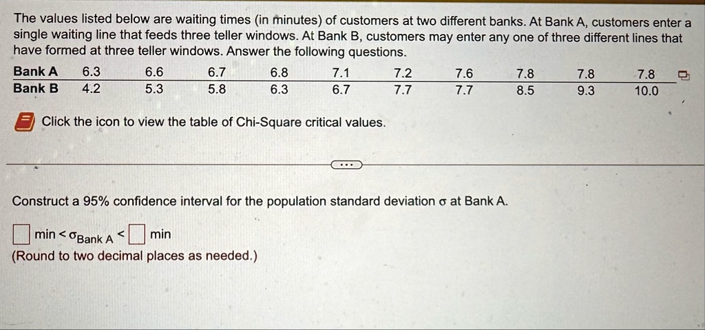 the values listed below are waiting times in minutes of customers at two different banks at bank a customers enter a single waiting line that feeds three teller windows at bank b customers m 21843