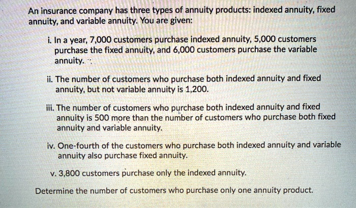 An insurance company has three types of annuity products: indexed annuity, fixed annuity, and variable annuity. You are given:

i. In a year, 7,000 customers purchase indexed annuity, 5,000 customers purchase the fixed annuity, and 6,000 customers purchase the variable annuity.

ii. The number of customers who purchase both indexed annuity and fixed annuity, but not variable annuity is 1,200.

iii. The number of customers who purchase both indexed annuity and fixed annuity is 500 more than the number of customers who purchase both fixed annuity and variable annuity.

iv. One-fourth of the customers who purchase both indexed annuity and variable annuity also purchase fixed annuity.

v. 3,800 customers purchase only the indexed annuity.

Determine the number of customers who purchase only one annuity product.