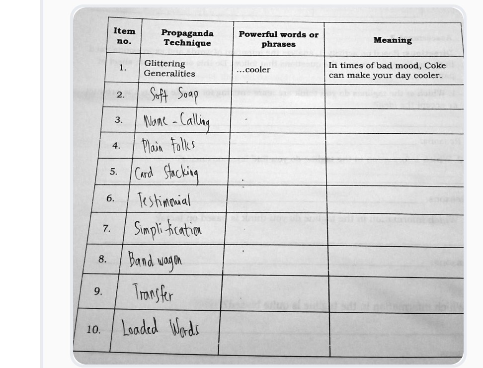 SOLVED Item no. 1c Propaganda Technique Powerful words or phrases 1