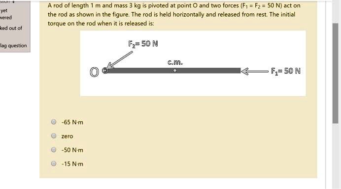 a rod of length m and mass kg is pivoted at point 0 and two forces fi ...