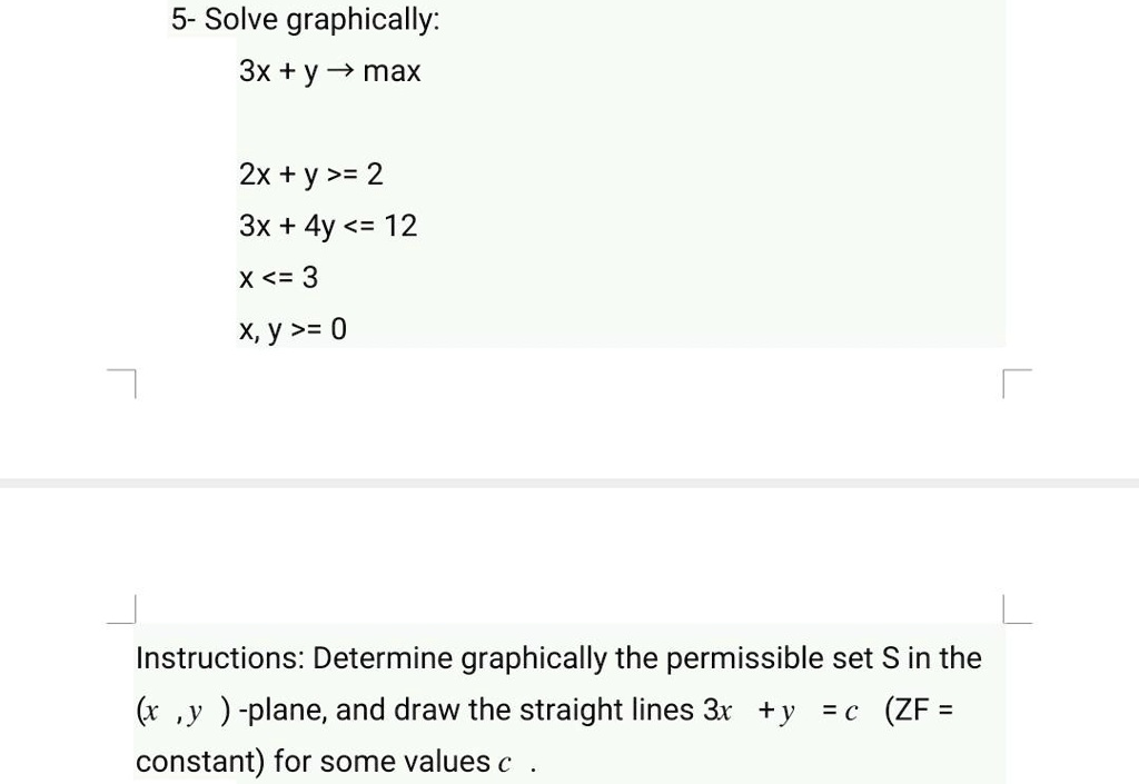 Solved 5 Solve Graphically 3x Y Max 2x Y 2 3x 4y 12 X 3 X Y 0 Instructions Determine Graphically The Permissible Set S In The X Y