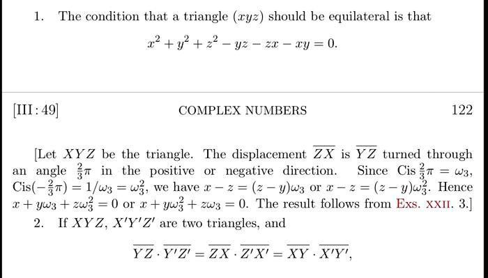 Solved The Condition That Triangle Ryz Should Be Equilateral Is That 2 Y 22 Yz 3 Iy 0 Iii 49 Complex Numbers 122 Let Xyz Be The Triangle The Displacement Zx Is