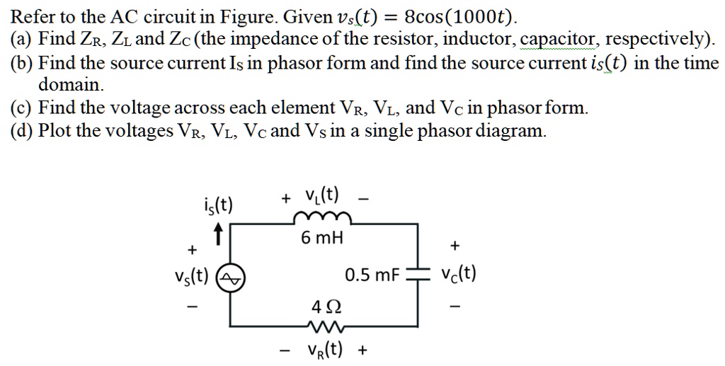 SOLVED: Refer to the AC circuit in Figure. Given vs(t) = 8cos(1000t ...