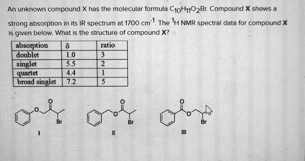 an unknown compound x has the molecular formula c10hi1o2br compound x ...