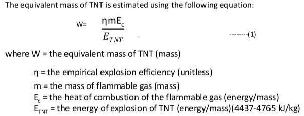 The equivalent mass of TNT is estimated using the following equation W