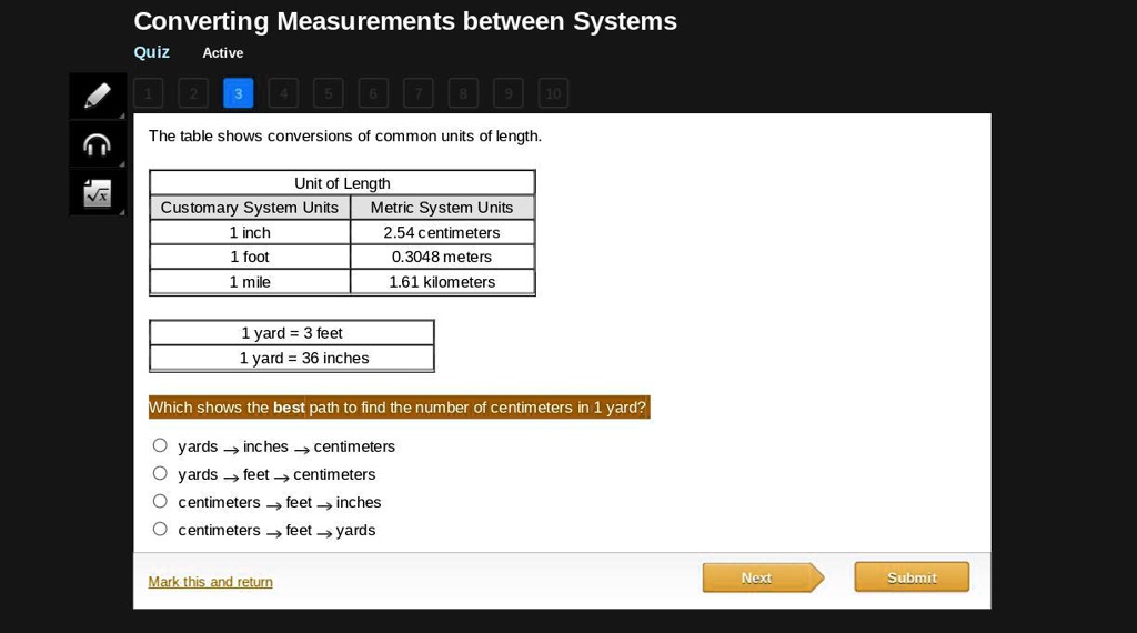 Which shows the best path to find the number of centimeters in 1 yard