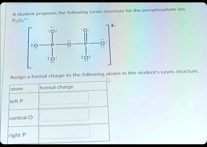 A student proposes the following Lewis structure for the pyrophosphate ion, P2O7^4-.
[:Ö:  ··O=··P-··O-··P=··O  :Ö:]^4-
Assign a formal charge to the following atoms in the student's Lewis structure.
atom	formal charge
left P
central O
right P