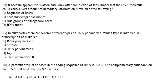 12) It became apparent to Watson and Crick after completion of their model that the DNA molecule could carry a vast amount of hereditary information in which of the following?
A) Sequence of bases
B) phosphate-sugar backbones
C) side groups of nitrogenous bases
D) RNA uracil

13) In eukaryotes there are several different types of RNA polymerase. Which type is involved in transcription of mRNA?
A) RNA polymerase I
B) primase
C) RNA polymerase III
D) ligase
E) RNA polymerase II

14) A particular triplet of bases in the coding sequence of RNA is AAA. The complementary anticodon on the tRNA that binds the mRNA codon is

A) AAA. B) UUA. C) TTT. D) UUU.