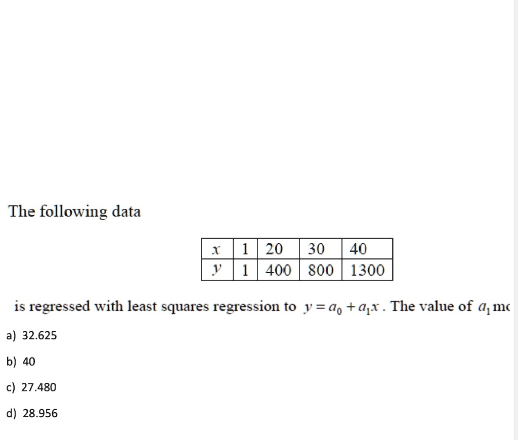 The following data x 1 20 30 40 y 1 400 800 1300 is regressed with ...