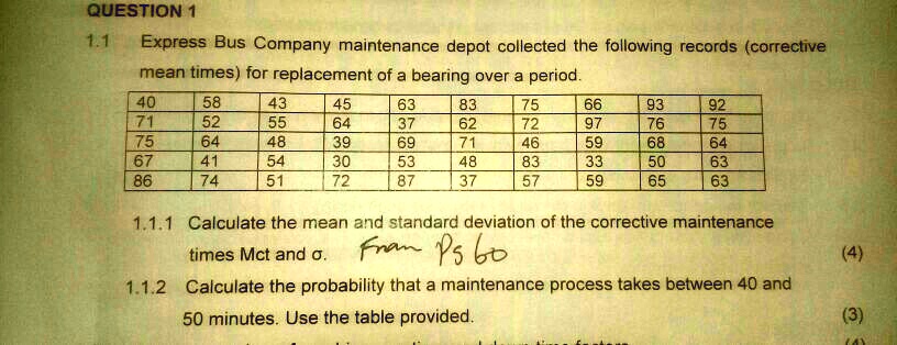 1.1
QUESTION 1
Express Bus Company maintenance depot collected the following records (corrective
mean times) for replacement of a bearing over a period.
40
58
43
45
63
83
75
66
93
92
71
52
55
64
37
62
72
97
76
75
75
64
48
39
69
71
46
59
68
64
67
41
54
30
53
48
83
33
50
63
86
74
51
72
87
37
57
59
65
63
1.1.1 Calculate the mean and standard deviation of the corrective maintenance
times Mct and sigma.
Fran Ps 60
1.1.2 Calculate the probability that a maintenance process takes between 40 and
50 minutes. Use the table provided.
(4)
(3)
14