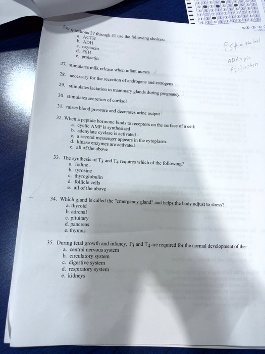 For questions 27 through 31 use the following choices:
a. ACTH
b. ADH
c. oxytocin
d. FSH
e. prolactin
27. stimulates milk release when infant nurses
28. necessary for the secretion of androgens and estrogens
29. stimulates lactation in mammary glands during pregnancy
30. stimulates secretion of cortisol
31. raises blood pressure and decreases urine output
32. When a peptide hormone binds to receptors on the surface of a cell:
a. cyclic AMP is synthesized
b. adenylate cyclase is activated
c. a second messenger appears in the cytoplasm.
d. kinase enzymes are activated
e. all of the above
33. The synthesis of T3 and T4 requires which of the following?
a. iodine
b. tyrosine
c. thyroglobulin
d. follicle cells
e. all of the above
34. Which gland is called the "emergency gland" and helps the body adjust to stress?
a. thyroid
b. adrenal
c. pituitary
d. pancreas
e. thymus
35. During fetal growth and infancy, T3 and T4 are required for the normal development of the:
a. central nervous system
b. circulatory system
c. digestive system
d. respiratory system
e. kidneys