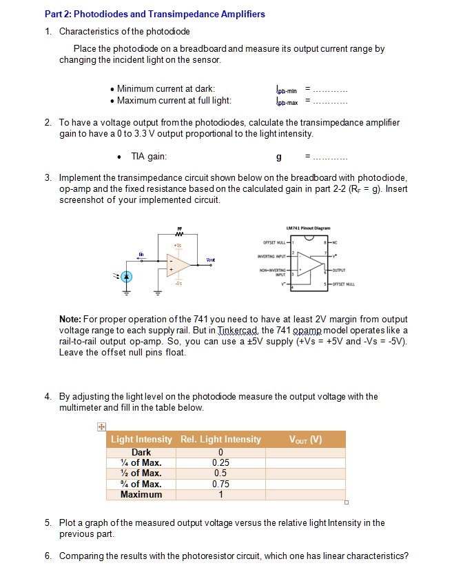 SOLVED Please use tinkercad! Part 2 Photodiodes and Transimpedance