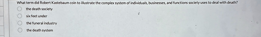 What term did Robert Kastebaum coin to illustrate the complex system of individuals, businesses, and functions society uses to deal with death?
the death society
six feet under
the funeral industry
the death system