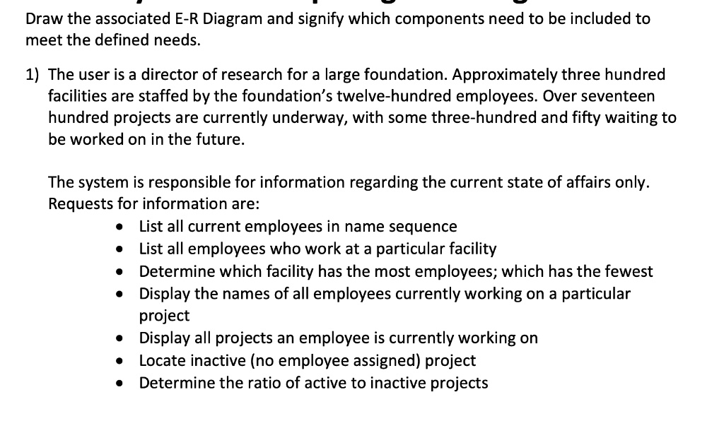 Draw the associated E-R Diagram and signify which components need to be included to meet the defined needs.

1) The user is a director of research for a large foundation. Approximately three hundred facilities are staffed by the foundation's twelve-hundred employees. Over seventeen hundred projects are currently underway, with some three-hundred and fifty waiting to be worked on in the future.

The system is responsible for information regarding the current state of affairs only.
Requests for information are:
- List all current employees in name sequence
- List all employees who work at a particular facility
- Determine which facility has the most employees; which has the fewest
- Display the names of all employees currently working on a particular project
- Display all projects an employee is currently working on
- Locate inactive (no employee assigned) project
- Determine the ratio of active to inactive projects
