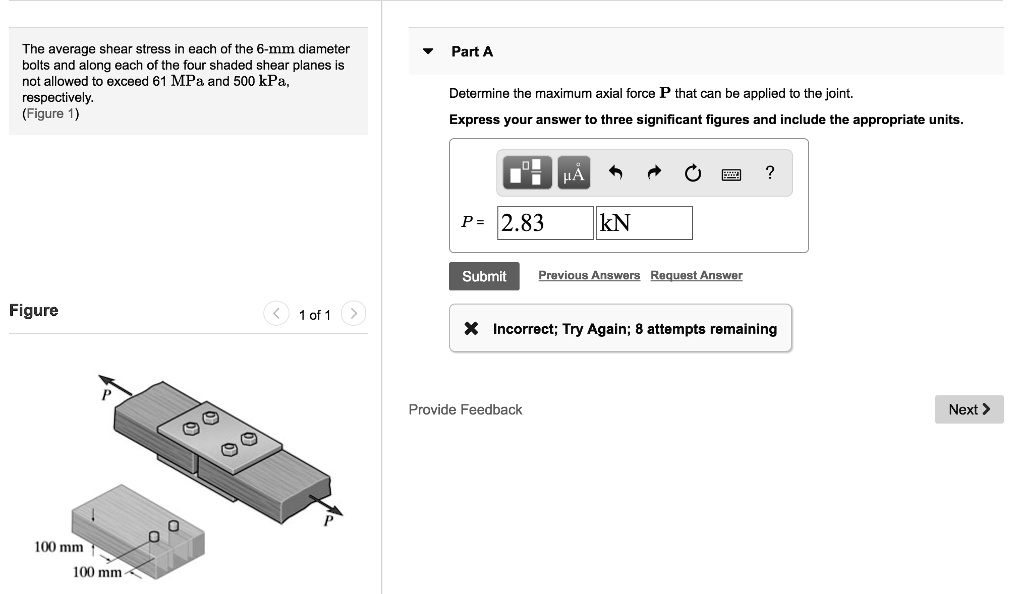 The average shear stress in each of the 6mm diameter bolts and along