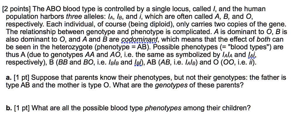 The ABO blood type is controlled by a single locus, called I, and the human population harbors three alleles: IA, IB, and i, which are often called A, B, and O, respectively. Each individual, of course (being diploid), only carries two copies of the gene. The relationship between genotype and phenotype is complicated. A is dominant to O, B is also dominant to O, and A and B are codominant, which means that the effect of both can be seen in the heterozygote (phenotype = AB). Possible phenotypes (= "blood types") are thus A (due to genotypes AA and AO, i.e. the same as symbolized by IAIA and IAi, respectively), B (BB and BO, i.e. IBIB and IBi), AB (AB, i.e. IAIB) and O (OO, i.e. ii).

a. Suppose that parents know their phenotypes, but not their genotypes: the father is type AB and the mother is type O. What are the genotypes of these parents?

b. What are all the possible blood type phenotypes among their children?