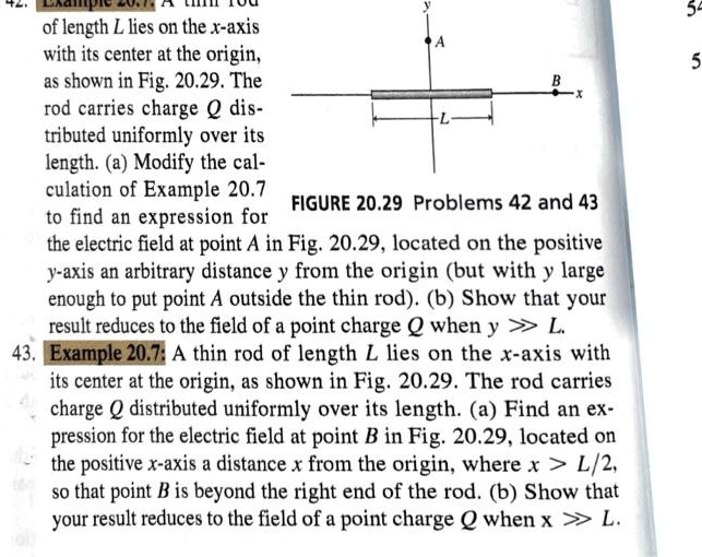 42. Example 20.7: A thin rod of length L lies on the x-axis with its center at the origin, as shown in Fig. 20.29. The rod carries charge Q distributed uniformly over its length. (a) Modify the calculation of Example 20.7 to find an expression for the electric field at point A in Fig. 20.29, located on the positive y-axis an arbitrary distance y from the origin (but with y large enough to put point A outside the thin rod). (b) Show that your result reduces to the field of a point charge Q when y ? L.
FIGURE 20.29 Problems 42 and 43
43. Example 20.7: A thin rod of length L lies on the x-axis with its center at the origin, as shown in Fig. 20.29. The rod carries charge Q distributed uniformly over its length. (a) Find an expression for the electric field at point B in Fig. 20.29, located on the positive x-axis a distance x from the origin, where x > L/2, so that point B is beyond the right end of the rod. (b) Show that your result reduces to the field of a point charge Q when x ? L.