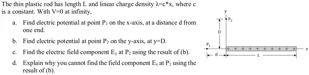 The thin plastic rod has length L and linear charge density λ = c × x, where c
is a constant. With V=0 at infinity,
a. Find electric potential at point P1 on the x-axis, at a distance d from
one end.
b. Find electric potential at point P2 on the y-axis, at y=D.
c. Find the electric field component Ey at P2 using the result of (b).
d. Explain why you cannot find the field component Ex at P2 using the
result of (b).