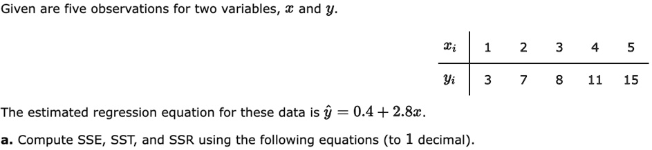 Given are five observations for two variables, x and y.

xi
1	2	3	4	5
yi
3	7	8	11	15

The estimated regression equation for these data is ŷ = 0.4 + 2.8x.
a. Compute SSE, SST, and SSR using the following equations (to 1 decimal).