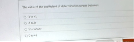 the value of the coefficient of determination ranges between 1 to 1 1 to 0 1 to infinity 0 to 1 38663