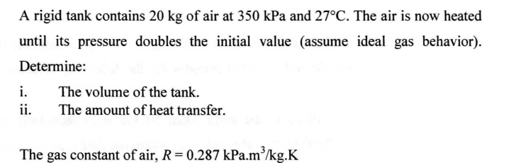 SOLVED: A rigid tank contains 20 kg of air at 350 kPa and 27Â°C. The ...